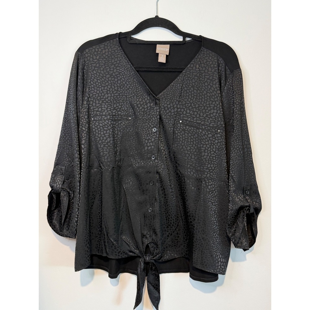 Chico's Black Jacquard Animal Leopard Print Tie Front Blouse Top Size 3 XL